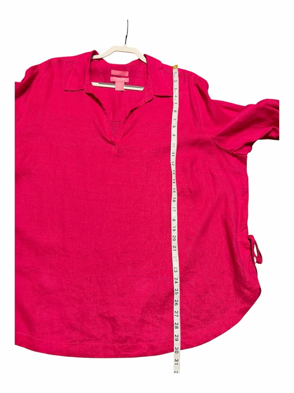 NWOT Isaac Mizrahi 100% Linen V-Neck Tunic Blouse Hot Pink Side Tie Top - Picture 8 of 8